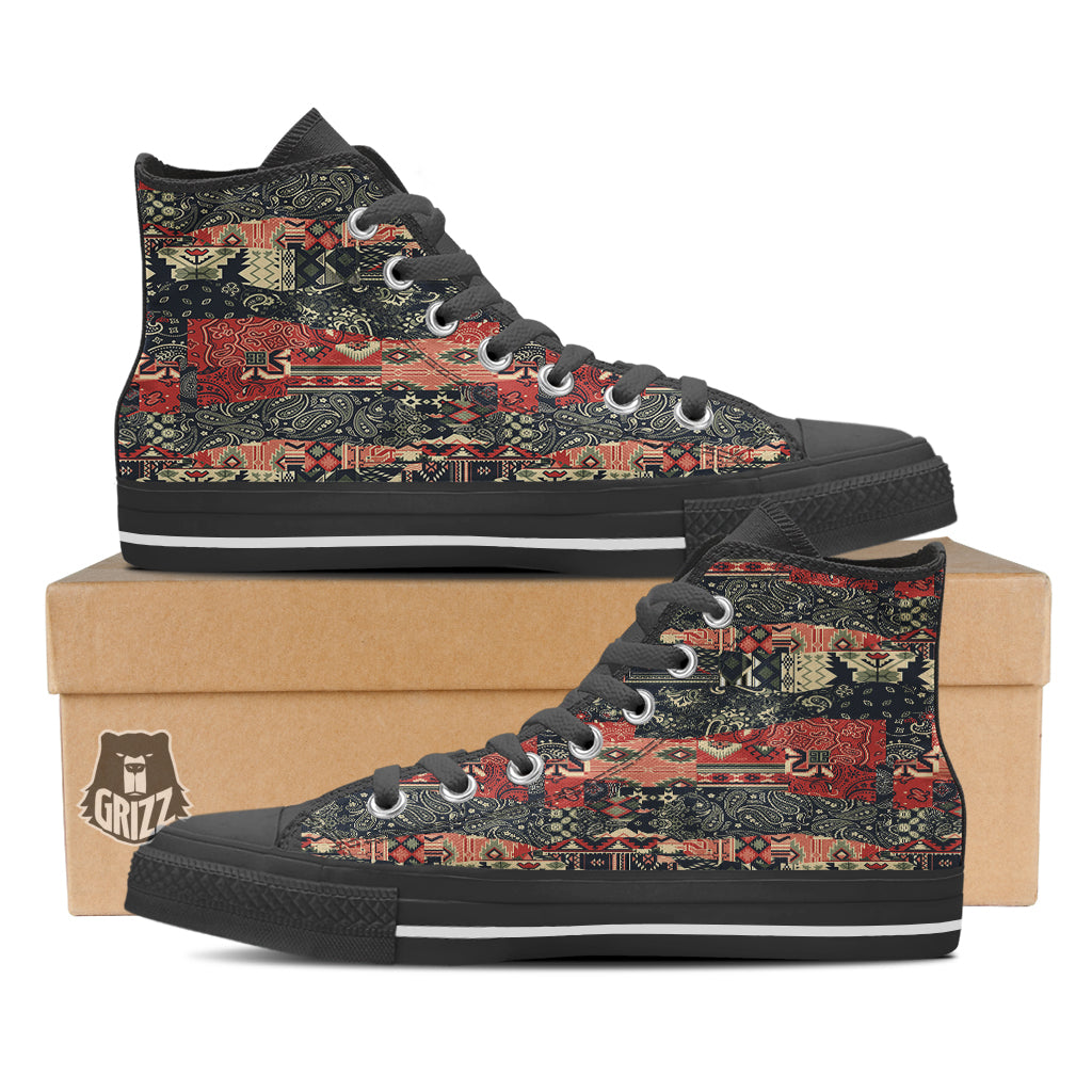 Vintage Color Bandana Patchwork Abstract Print Pattern Black High Top Shoes-grizzshop