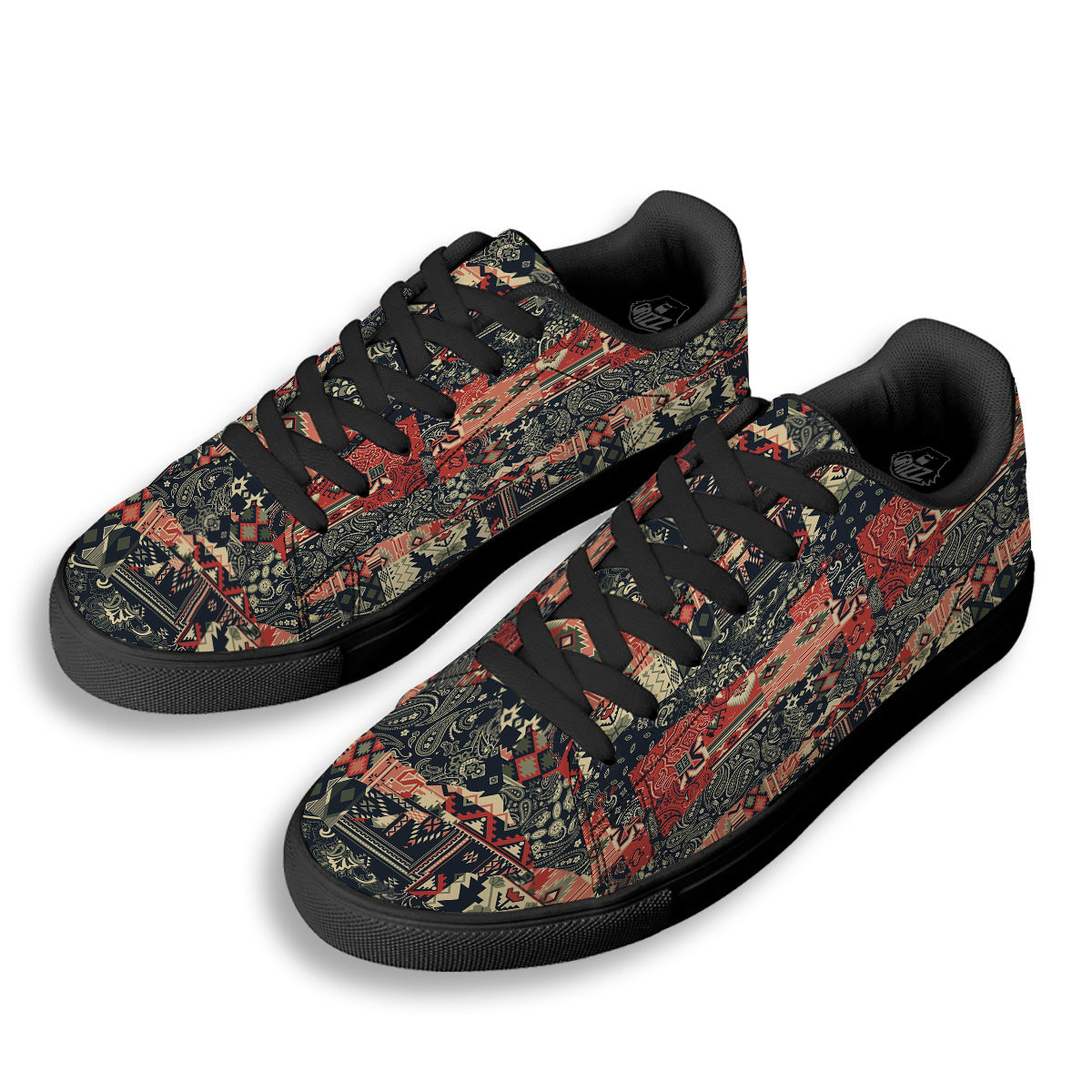 Vintage Color Bandana Patchwork Abstract Print Pattern Black Low Top Sneakers-grizzshop