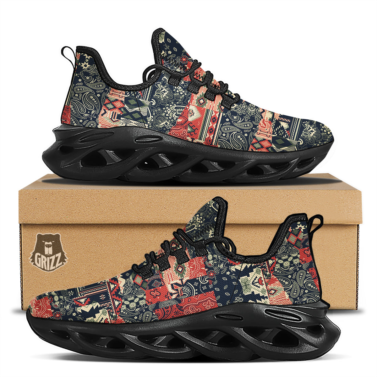 Vintage Color Bandana Patchwork Abstract Print Pattern Black Running Shoes-grizzshop