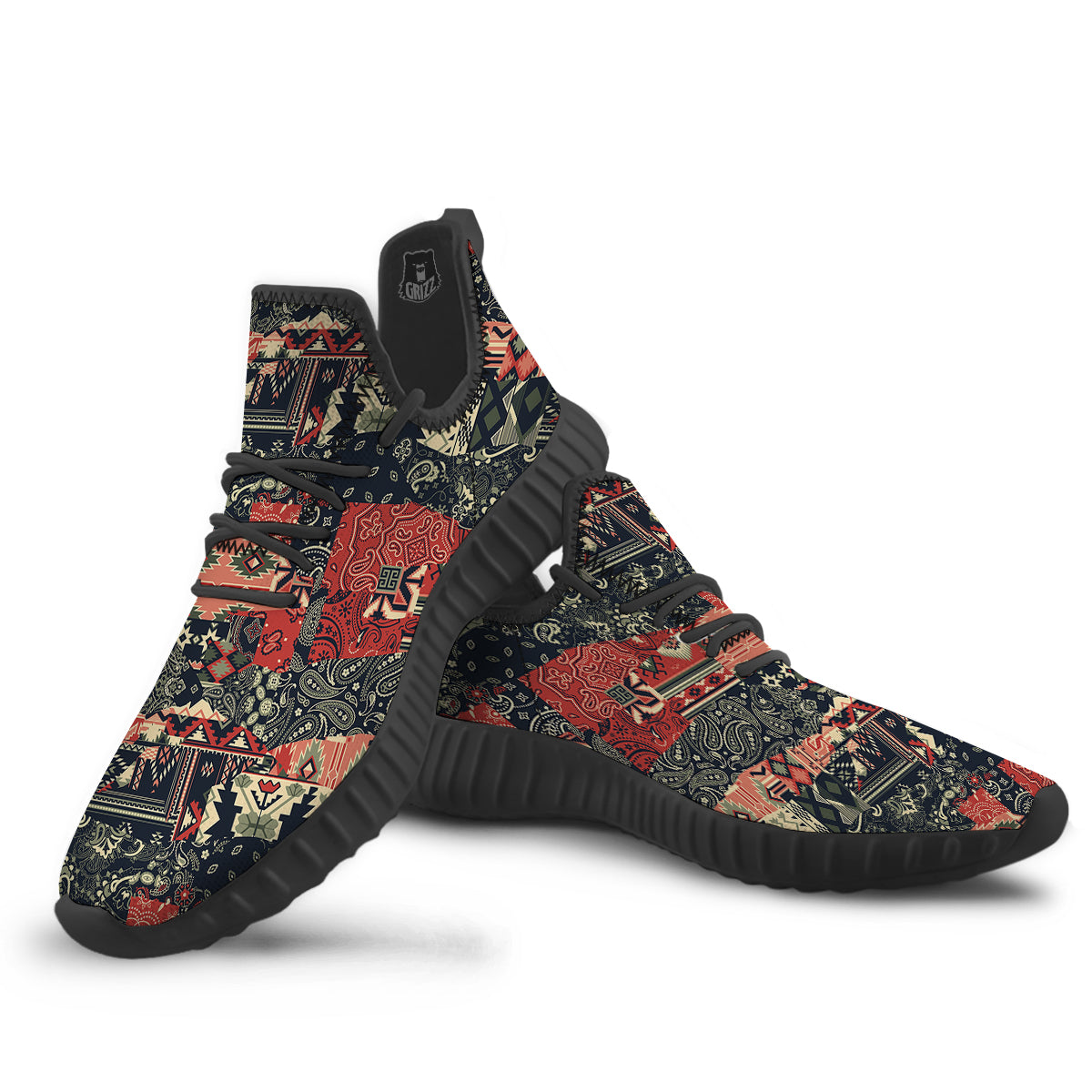 Vintage Color Bandana Patchwork Abstract Print Pattern Black Walking Shoes-grizzshop