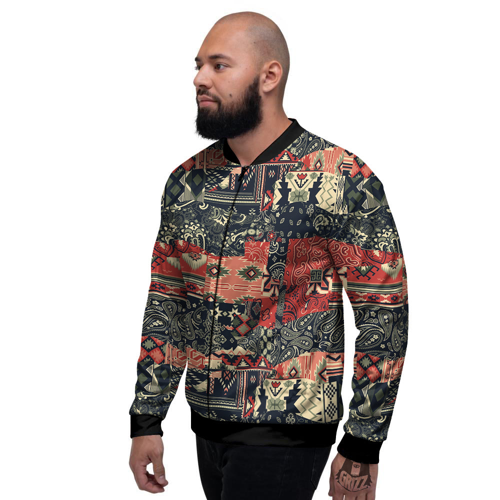Vintage Color Bandana Patchwork Abstract Print Pattern Men's Bomber Jacket-grizzshop