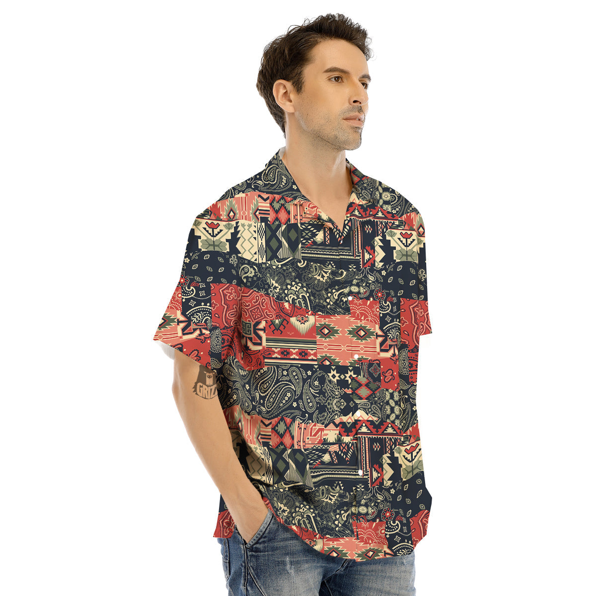 Vintage Color Bandana Patchwork Abstract Print Pattern Men's Hawaiian Shirt-grizzshop