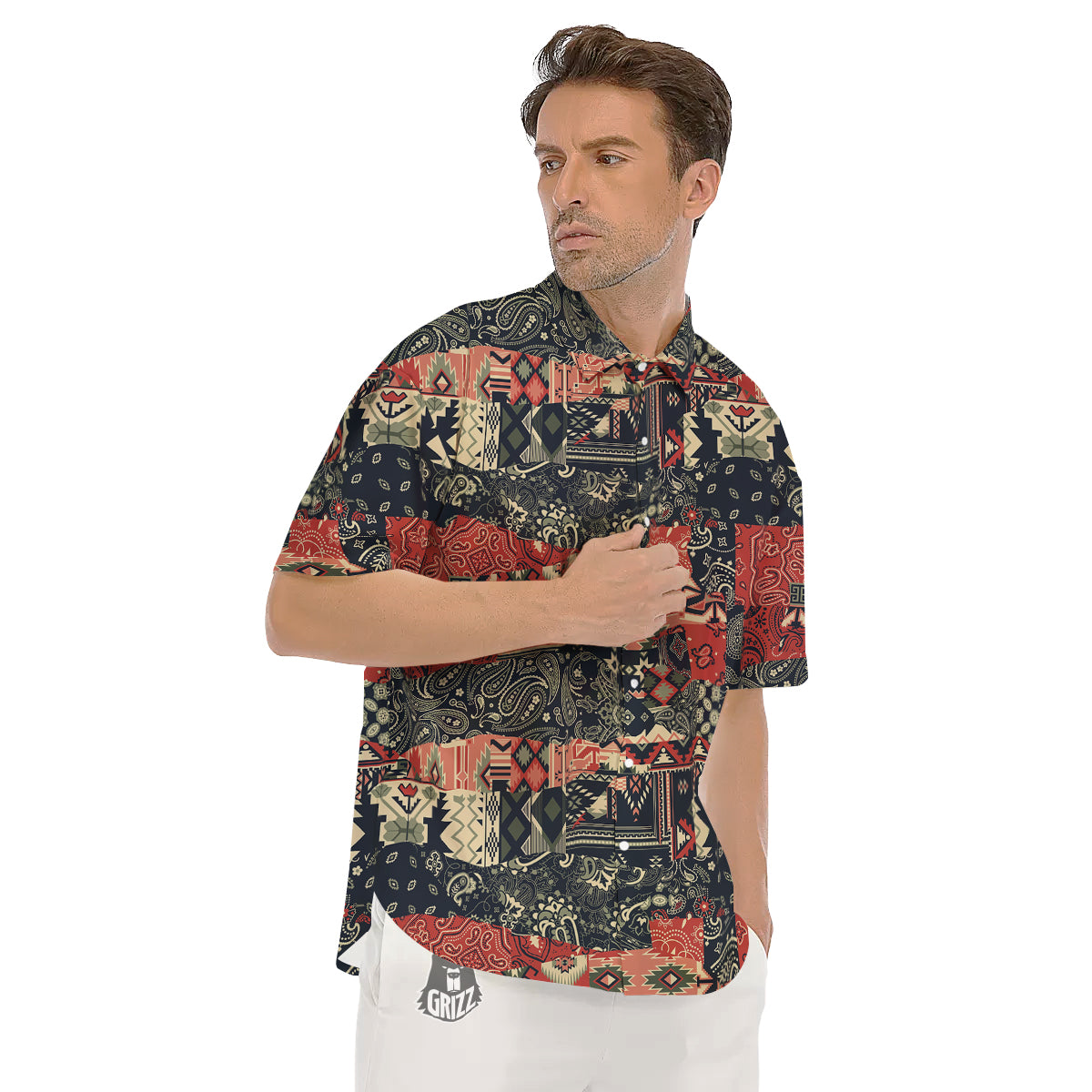 Vintage Color Bandana Patchwork Abstract Print Pattern Men's Short Sleeve Shirts-grizzshop