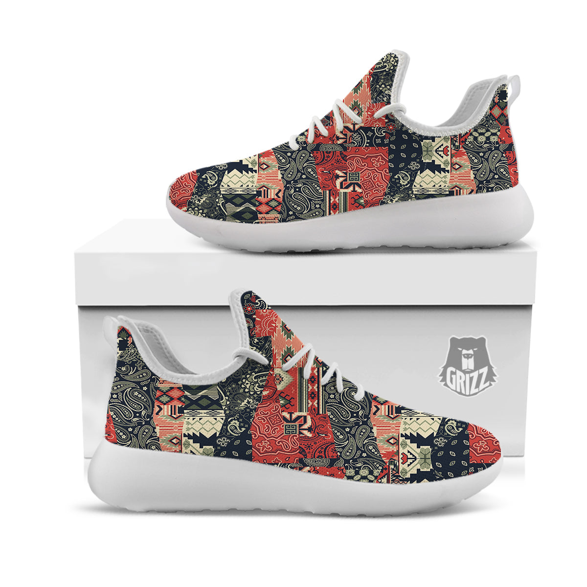Vintage Color Bandana Patchwork Abstract Print Pattern White Athletic Shoes-grizzshop