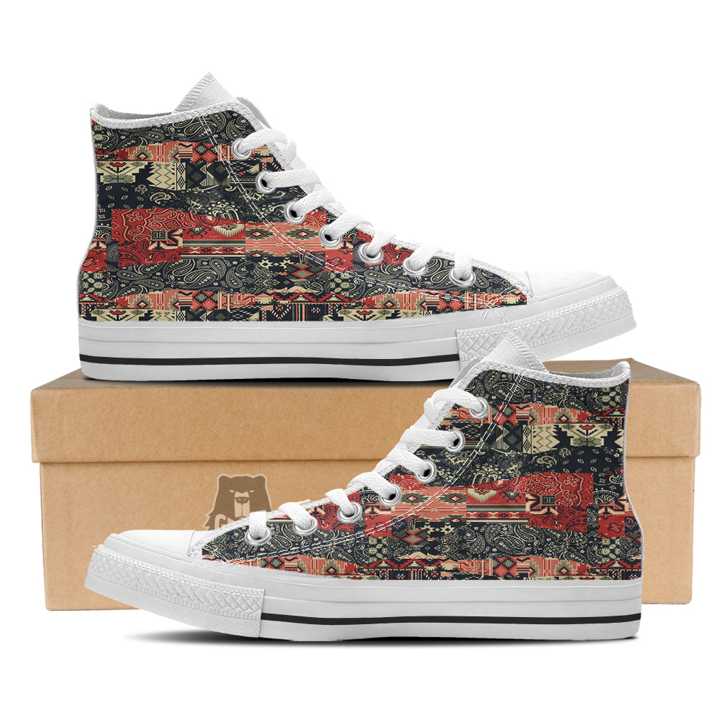Vintage Color Bandana Patchwork Abstract Print Pattern White High Top Shoes-grizzshop
