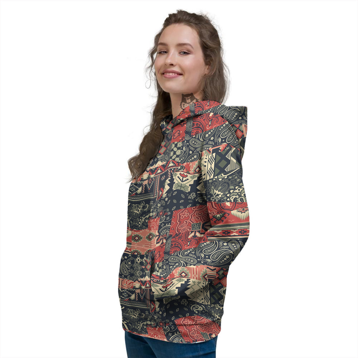 Vintage Color Bandana Patchwork Abstract Print Pattern Women's Hoodie-grizzshop