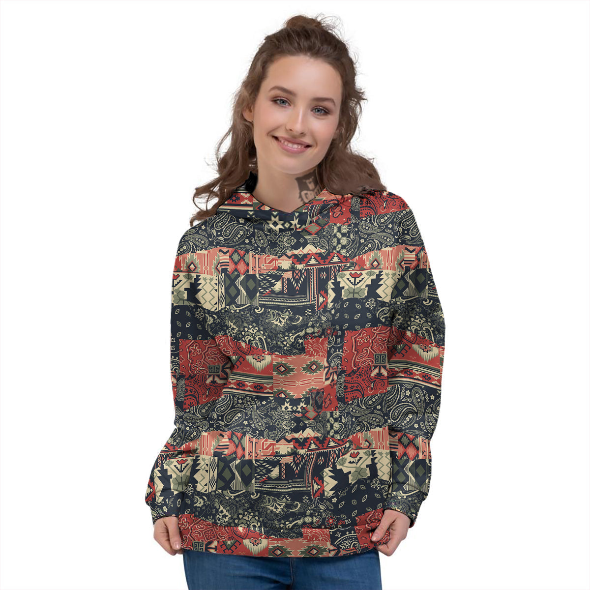 Vintage Color Bandana Patchwork Abstract Print Pattern Women's Hoodie-grizzshop