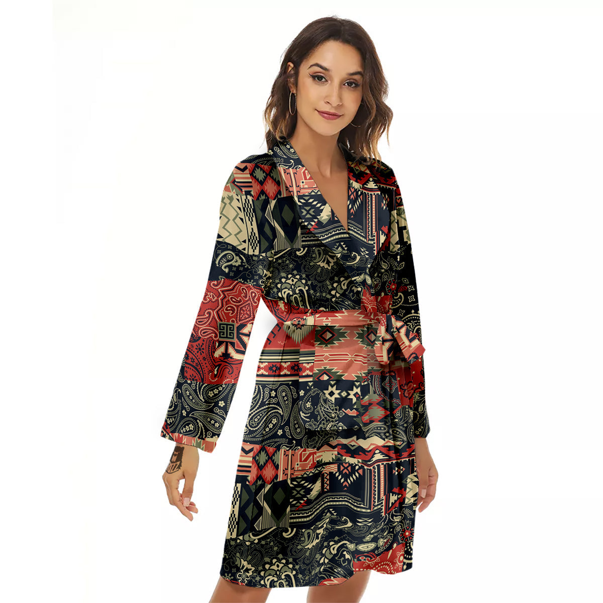 Vintage Color Bandana Patchwork Abstract Print Pattern Women's Robe-grizzshop