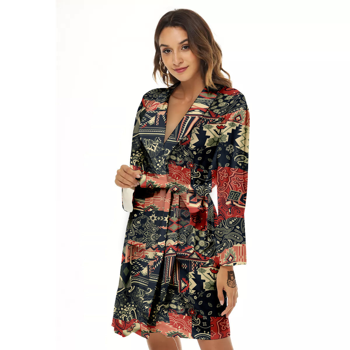 Vintage Color Bandana Patchwork Abstract Print Pattern Women's Robe-grizzshop