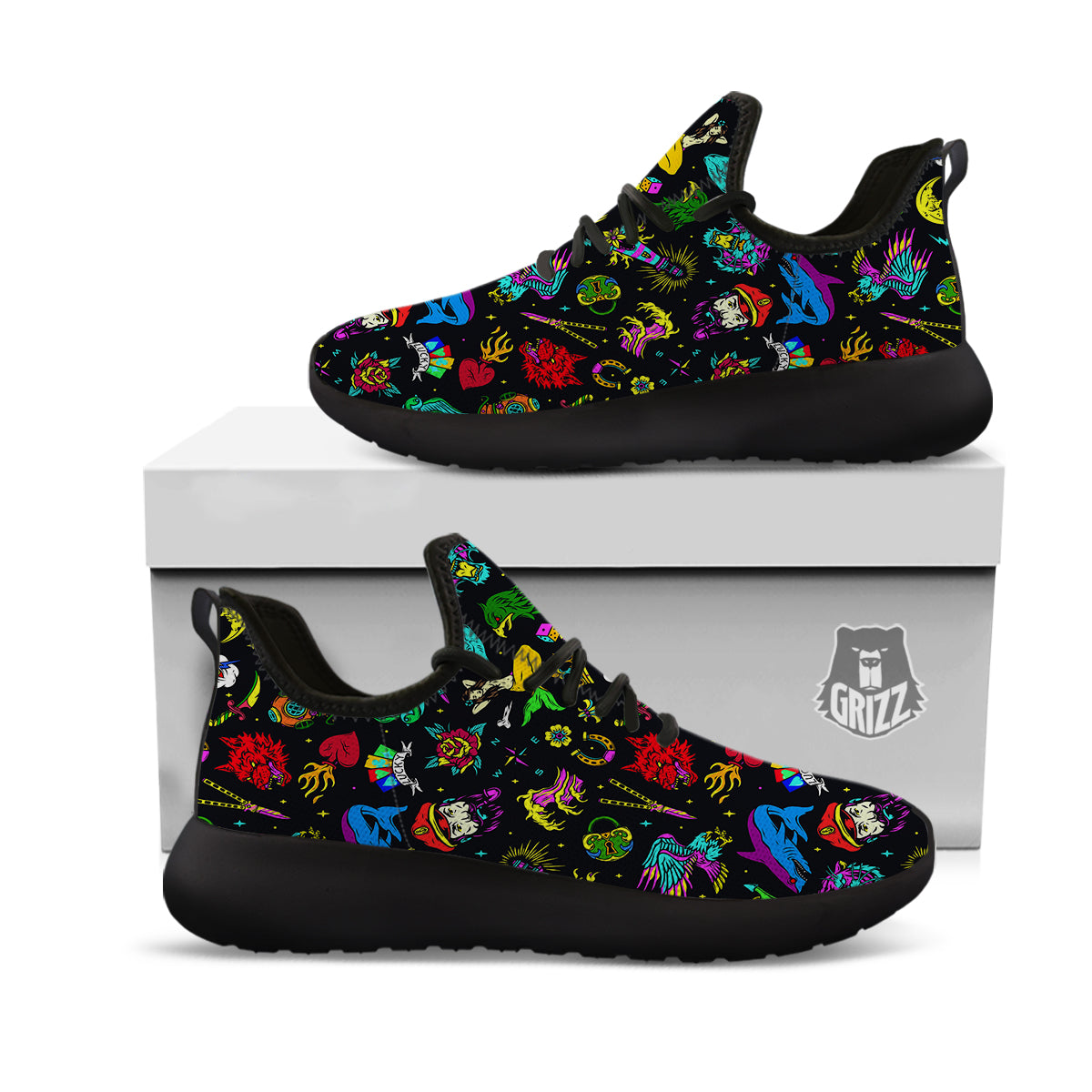 Vintage Colorful Tattoo Print Pattern Black Athletic Shoes-grizzshop