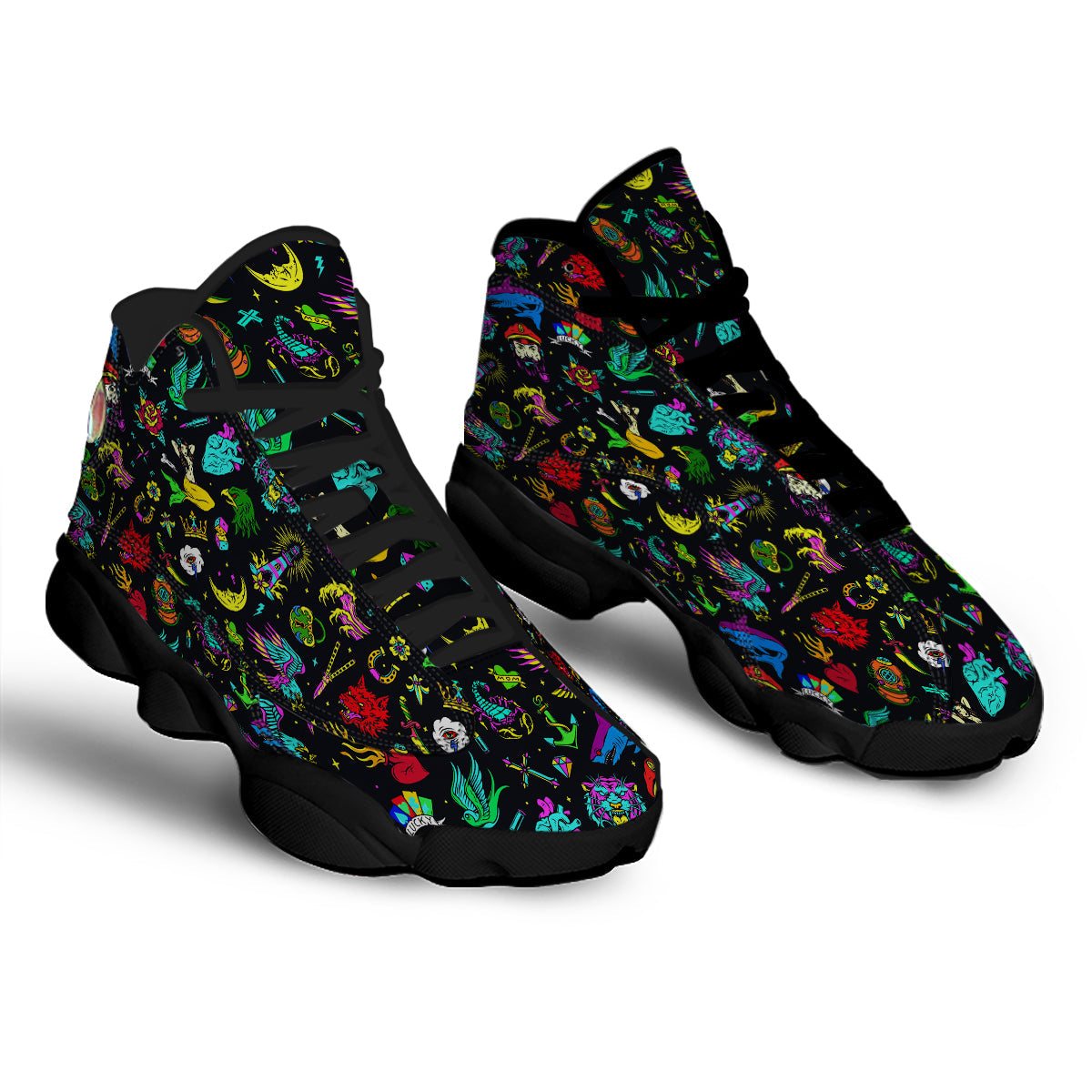 Vintage Colorful Tattoo Print Pattern Black Basketball Shoes-grizzshop