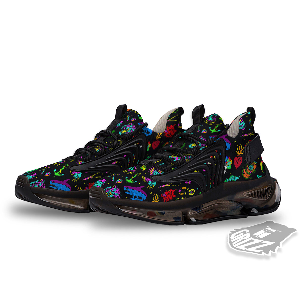 Vintage Colorful Tattoo Print Pattern Black Gym Shoes-grizzshop