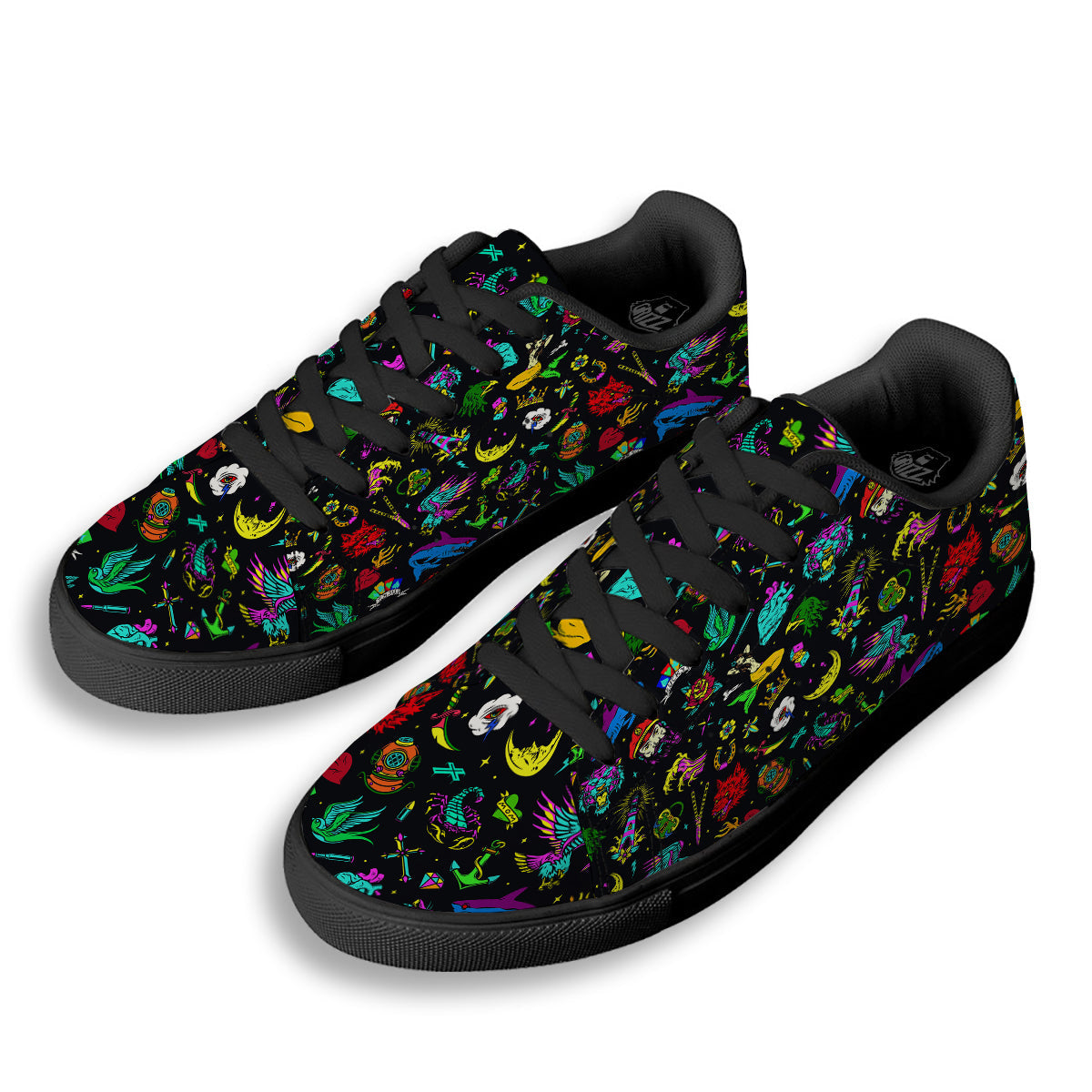 Vintage Colorful Tattoo Print Pattern Black Low Top Sneakers-grizzshop