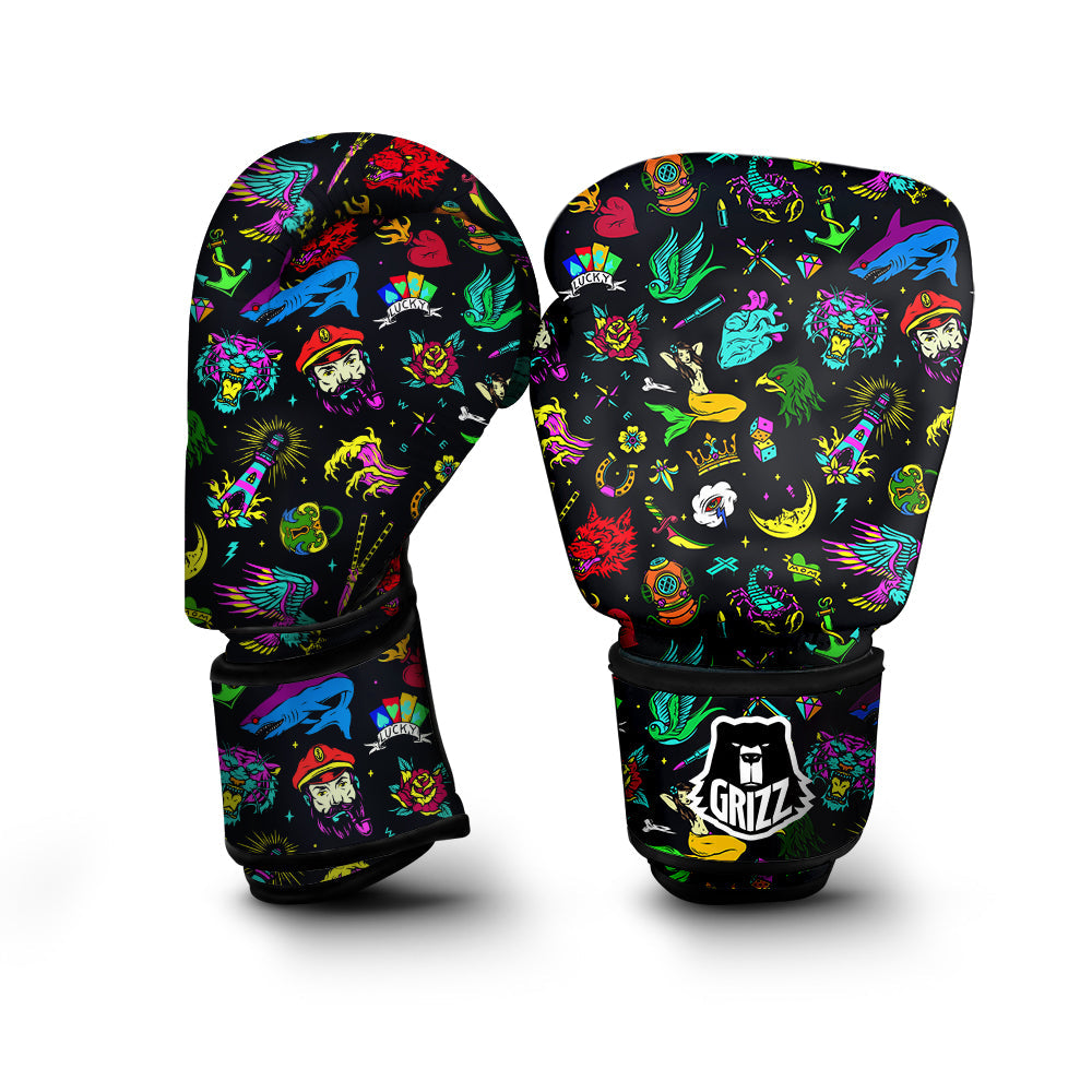 Vintage Colorful Tattoo Print Pattern Boxing Gloves-grizzshop
