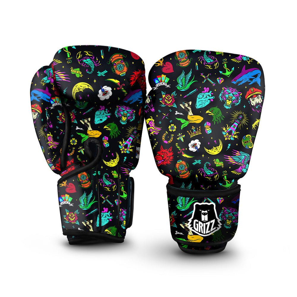 Vintage Colorful Tattoo Print Pattern Boxing Gloves-grizzshop