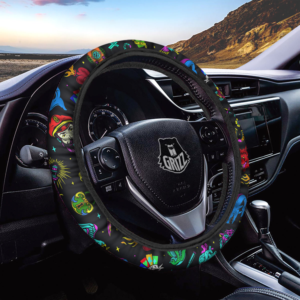 Vintage Colorful Tattoo Print Pattern Car Steering Wheel Cover-grizzshop