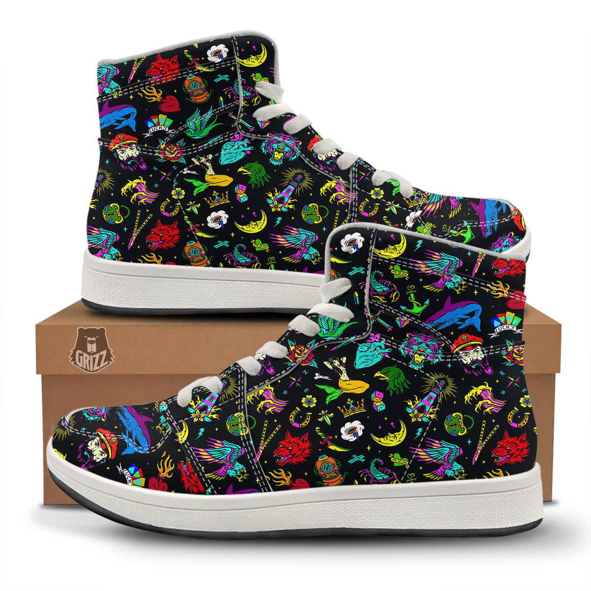 Vintage Colorful Tattoo Print Pattern High Top Sneakers-grizzshop