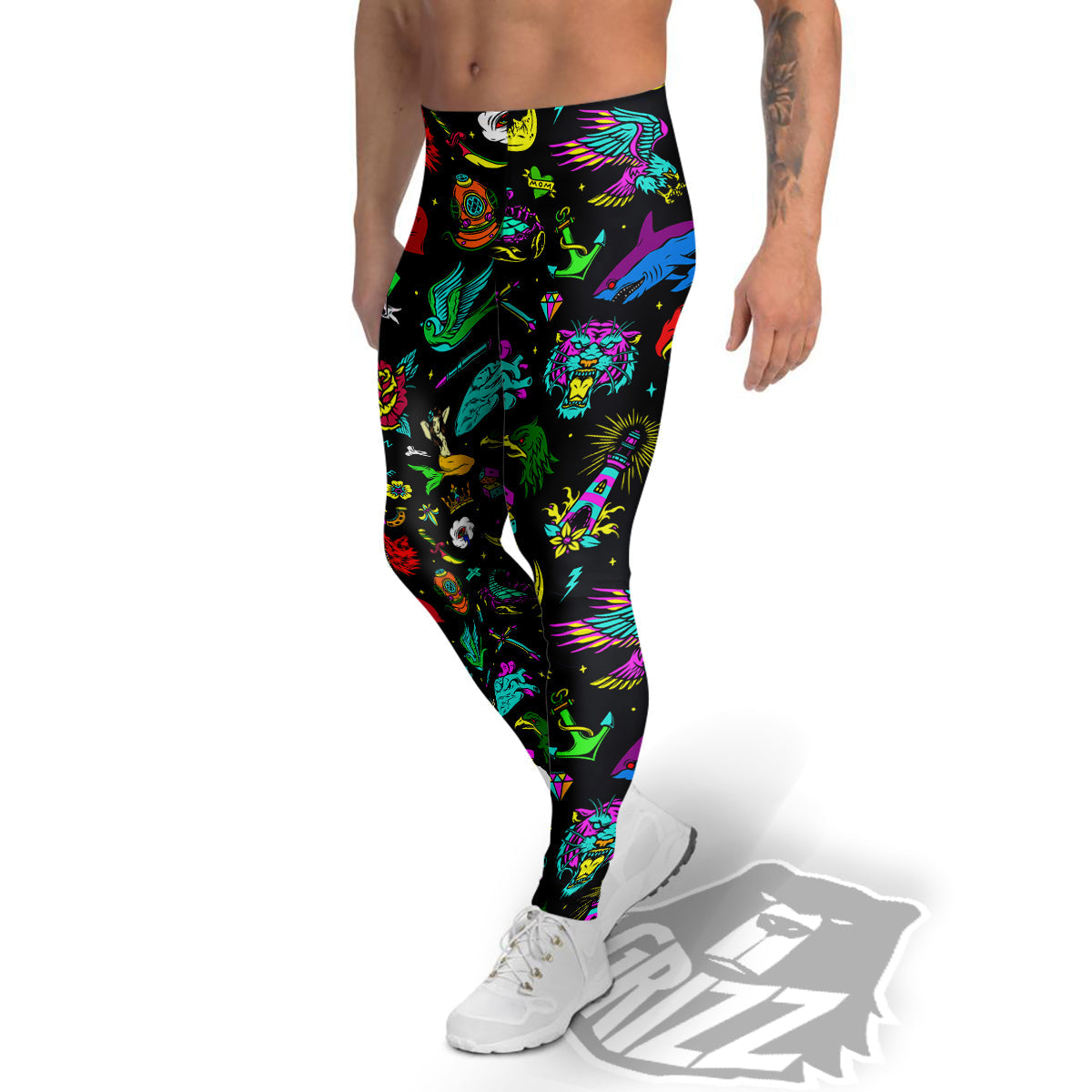 Vintage Colorful Tattoo Print Pattern Men's Leggings-grizzshop