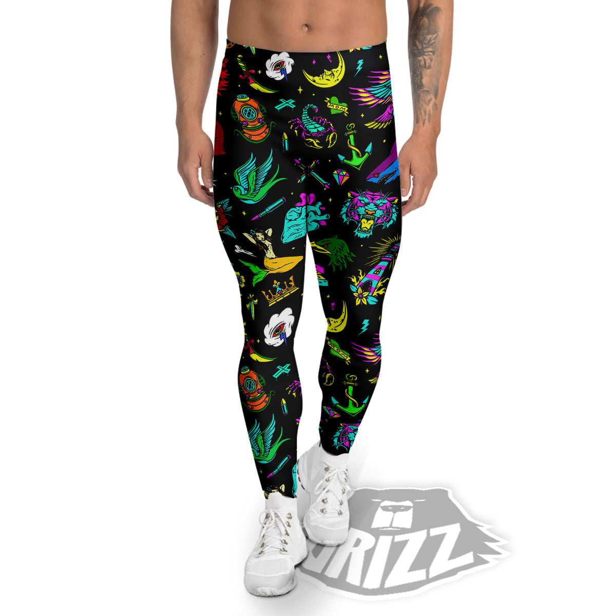 Vintage Colorful Tattoo Print Pattern Men's Leggings-grizzshop