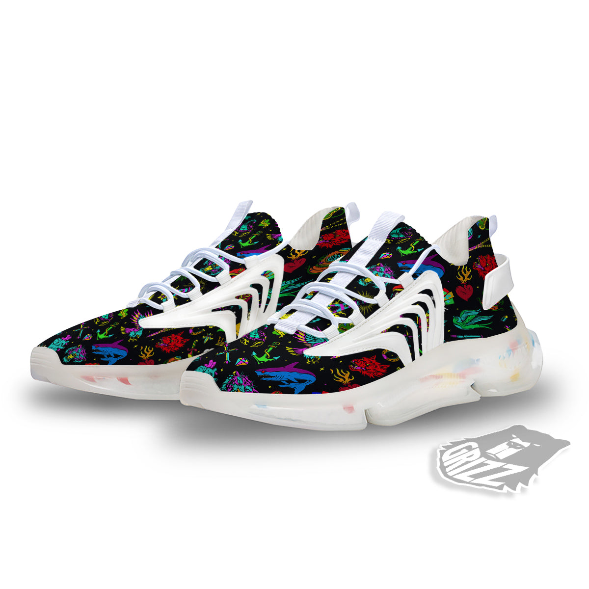 Vintage Colorful Tattoo Print Pattern White Gym Shoes-grizzshop