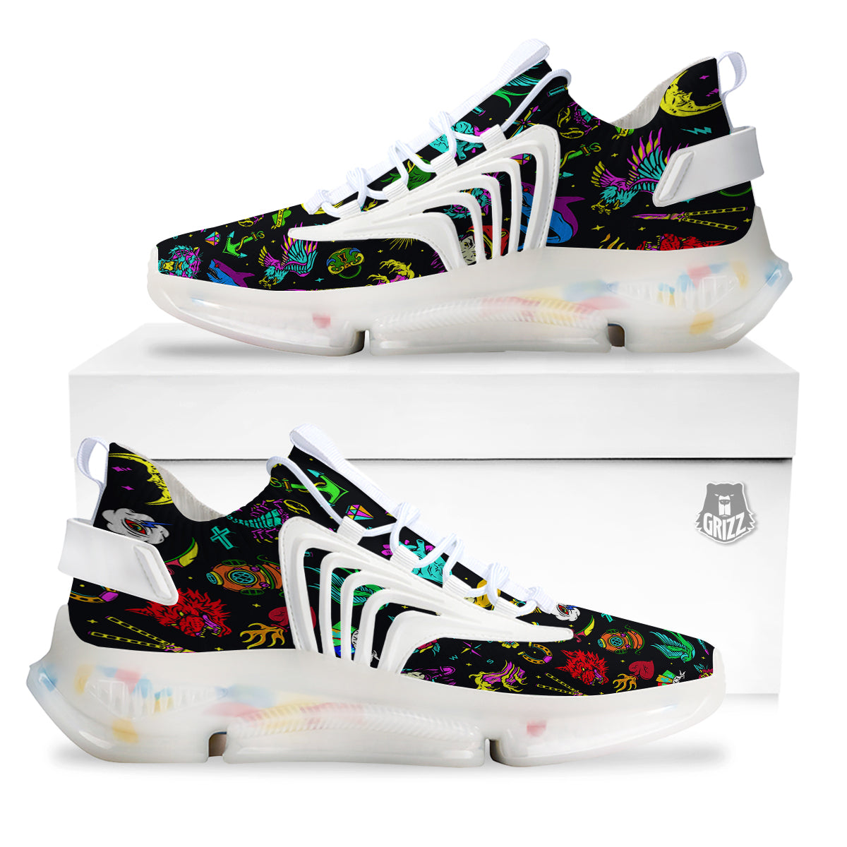 Vintage Colorful Tattoo Print Pattern White Gym Shoes-grizzshop