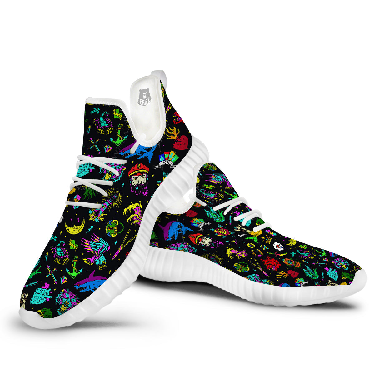 Vintage Colorful Tattoo Print Pattern White Walking Shoes-grizzshop
