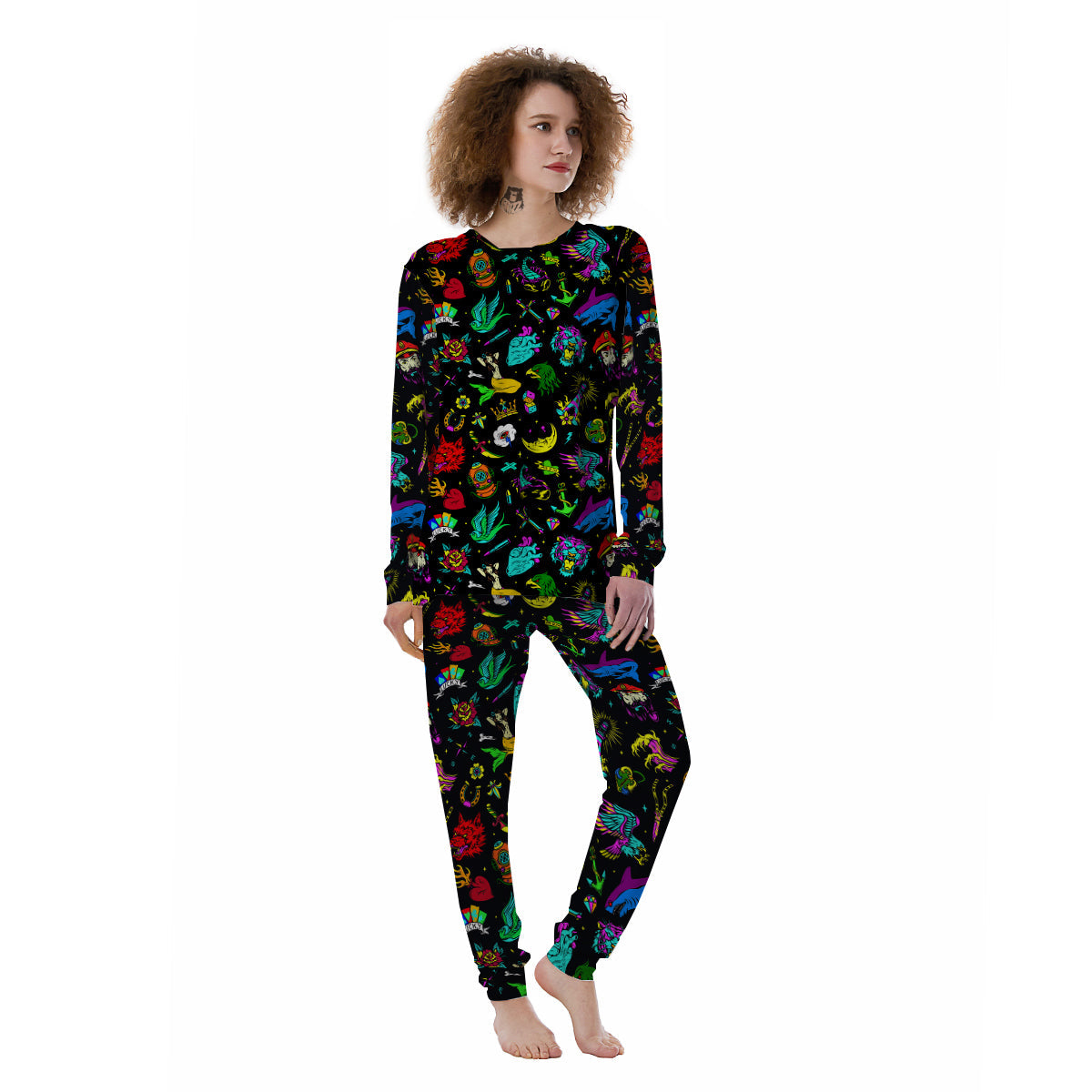 Vintage Colorful Tattoo Print Pattern Women's Pajamas-grizzshop