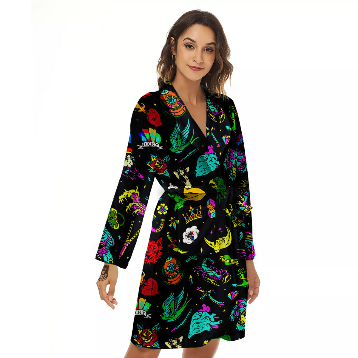Vintage Colorful Tattoo Print Pattern Women's Robe-grizzshop