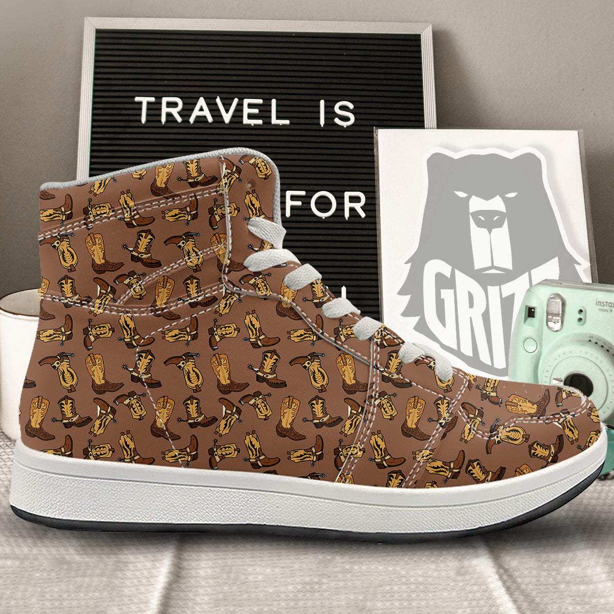 Vintage Cowboy Boots Print Pattern High Top Sneakers-grizzshop