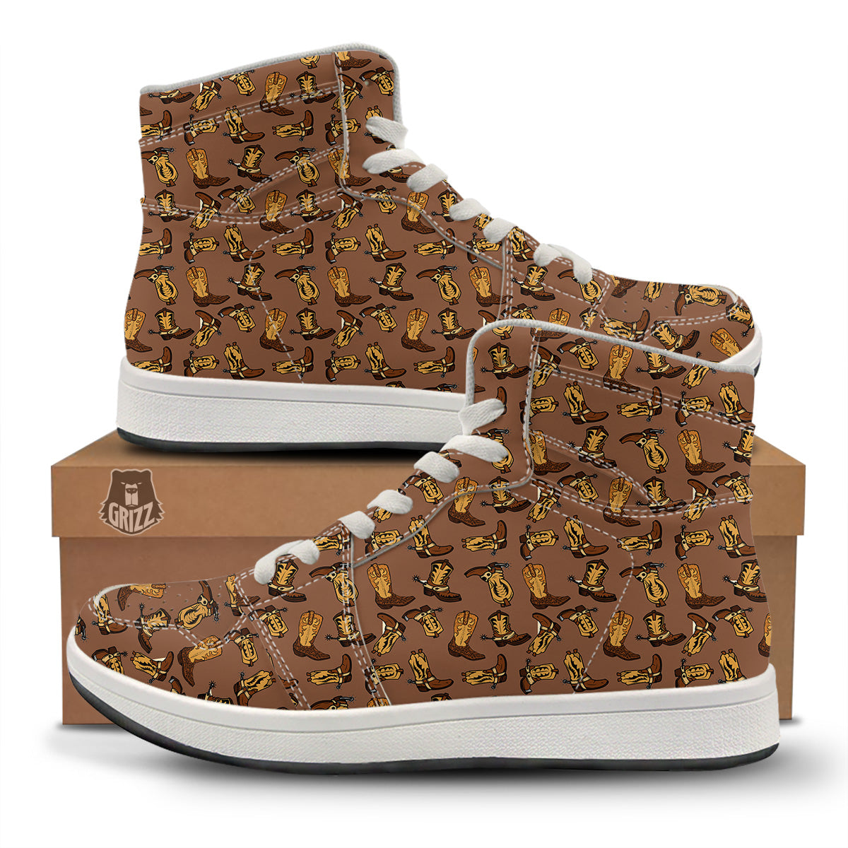 Vintage Cowboy Boots Print Pattern High Top Sneakers-grizzshop