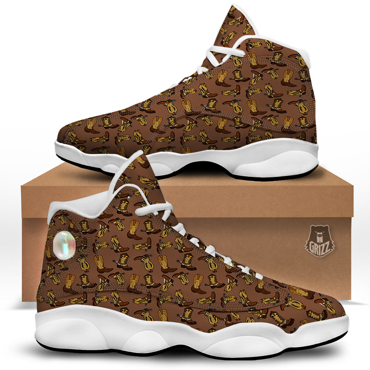 Vintage Cowboy Boots Print Pattern White Basketball Shoes Grizzshopping