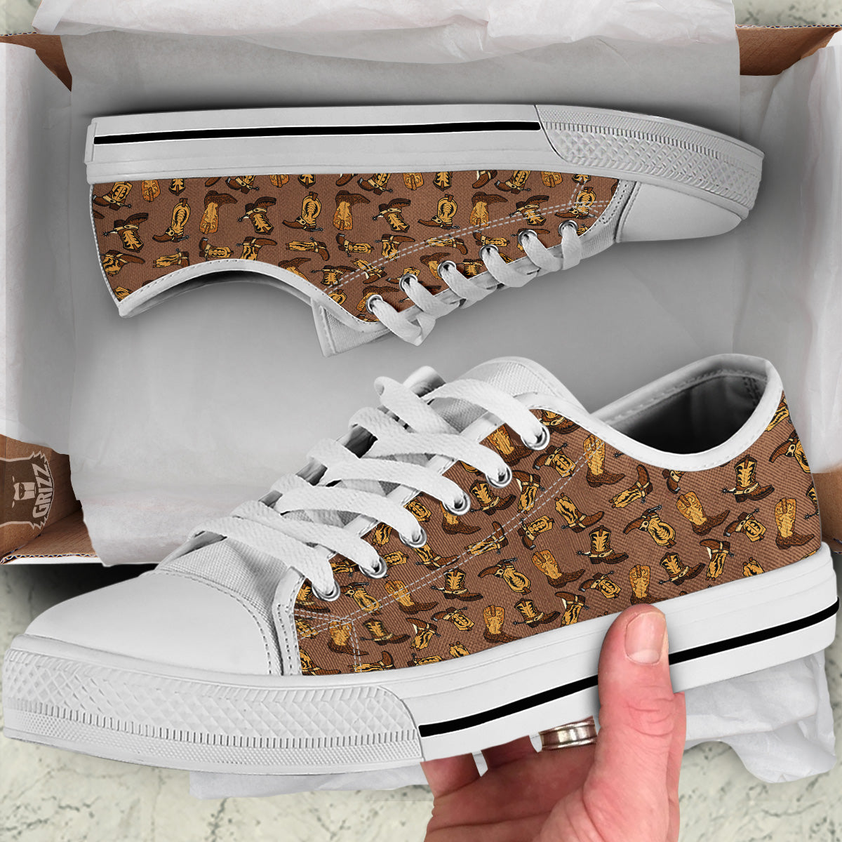 Vintage Cowboy Boots Print Pattern White Low Top Shoes-grizzshop