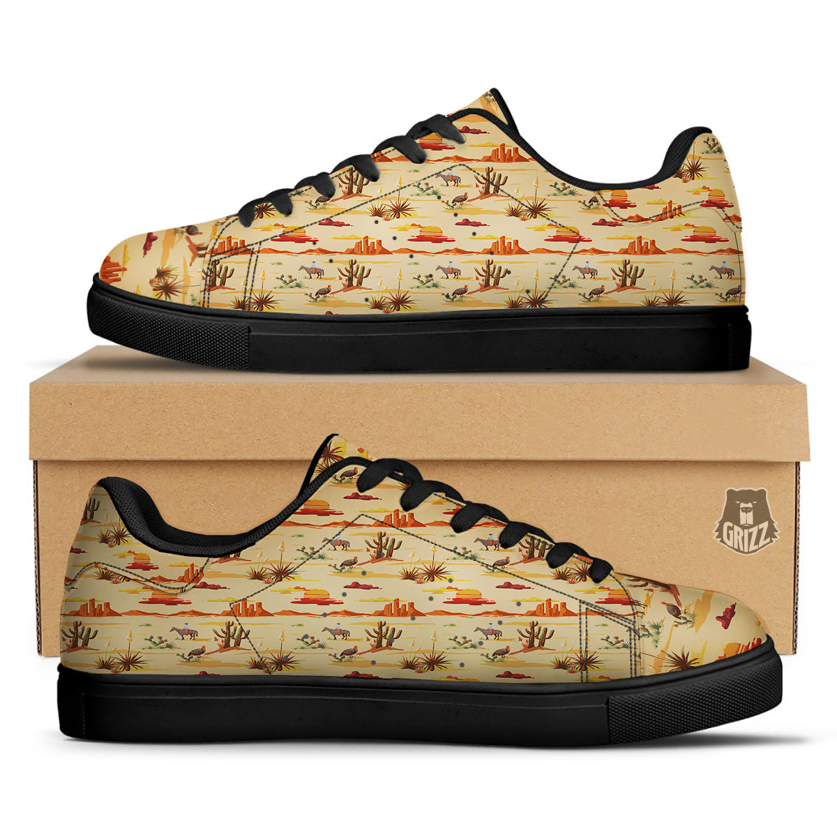 Vintage Cowboy Print Pattern Black Low Top Sneakers-grizzshop