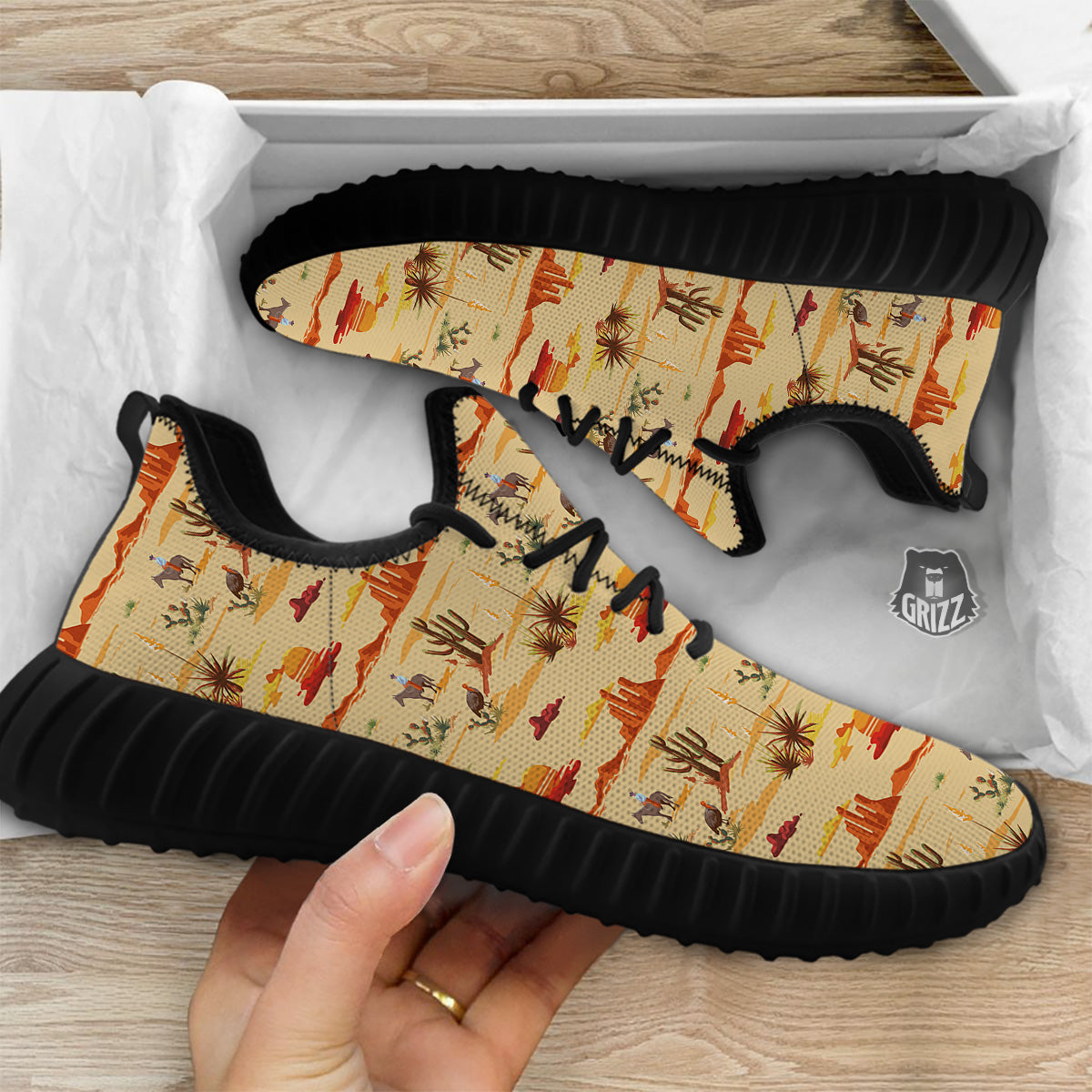 Vintage Cowboy Print Pattern Black Walking Shoes-grizzshop