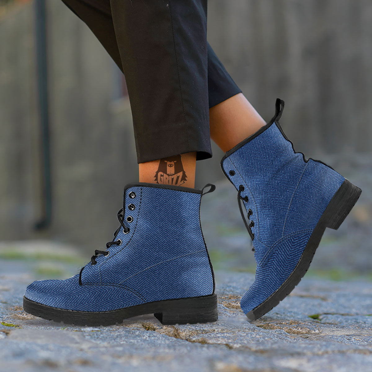 Vintage Denim Blue Jeans Print Pattern Leather Boots-grizzshop