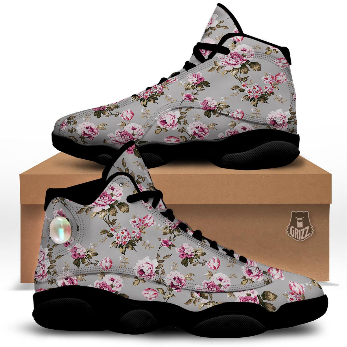 Vintage Floral Shabby Chic Print Pattern Black Basketball Shoes-grizzshop
