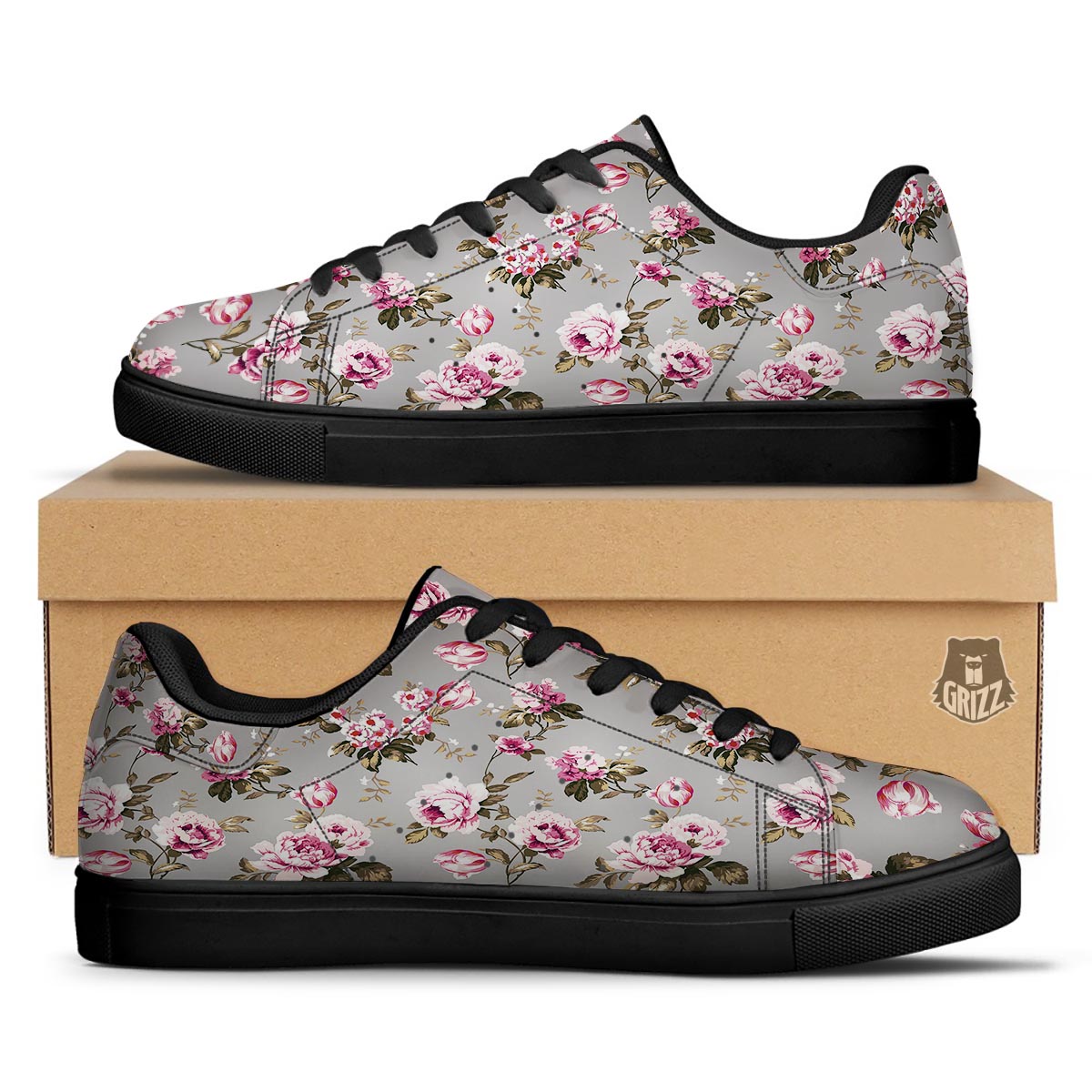 Vintage Floral Shabby Chic Print Pattern Black Low Top Sneakers-grizzshop