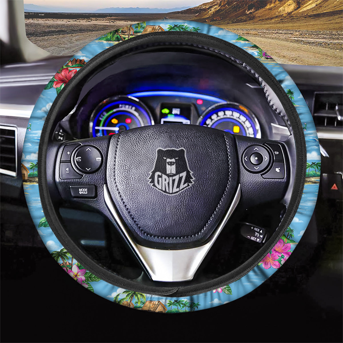 Vintage Hawaiian And Blue Sky Print Pattern Car Steering Wheel Cover-grizzshop