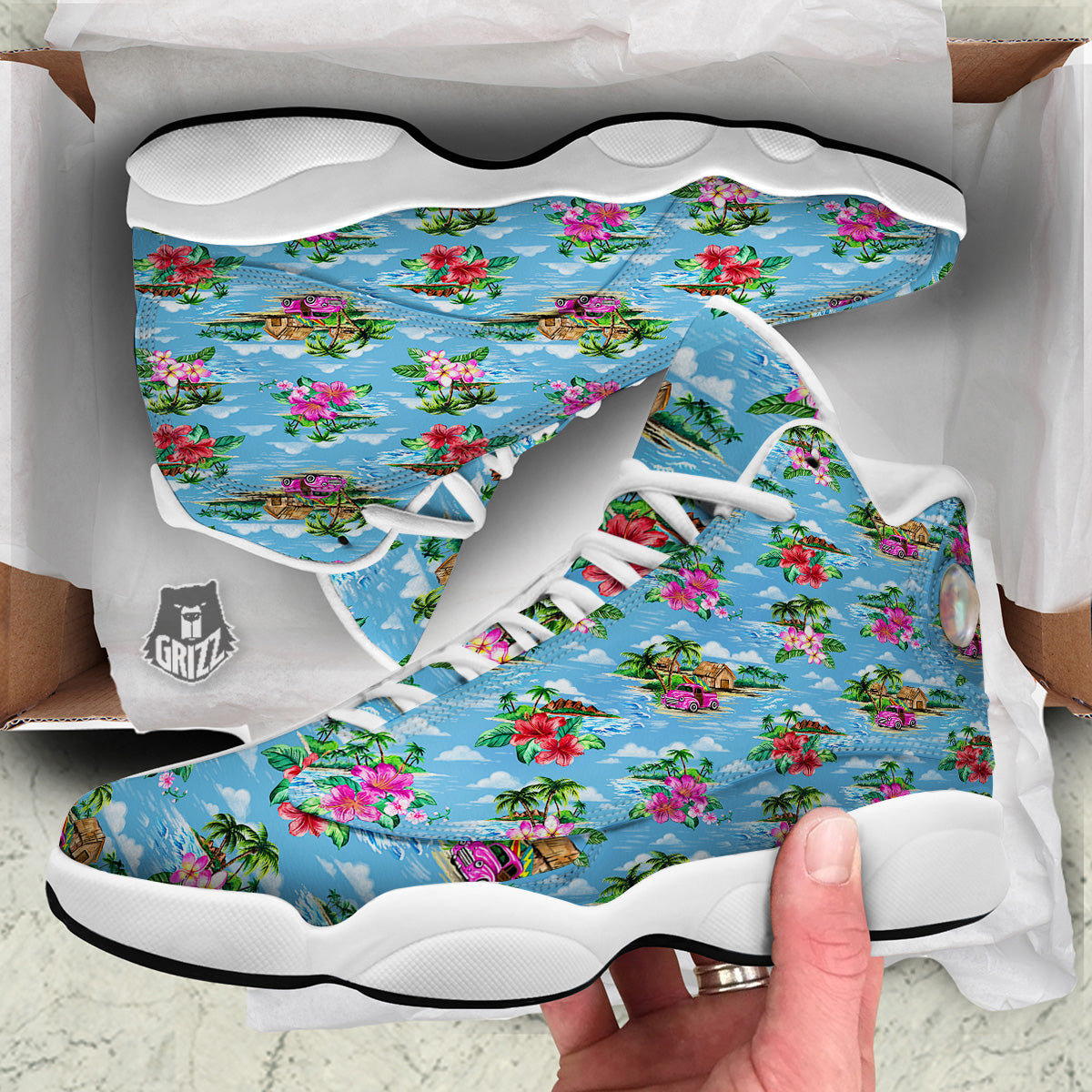 Vintage Hawaiian And Blue Sky Print Pattern White Basketball Shoes-grizzshop