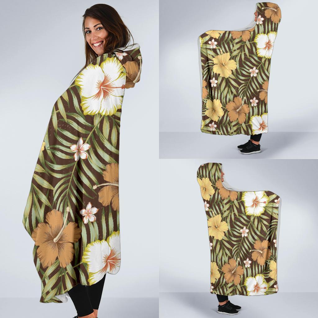 Vintage Hawaiian Floral Tropical Flower Hibiscus Palm Leaves Pattern Print Hooded Blanket-grizzshop