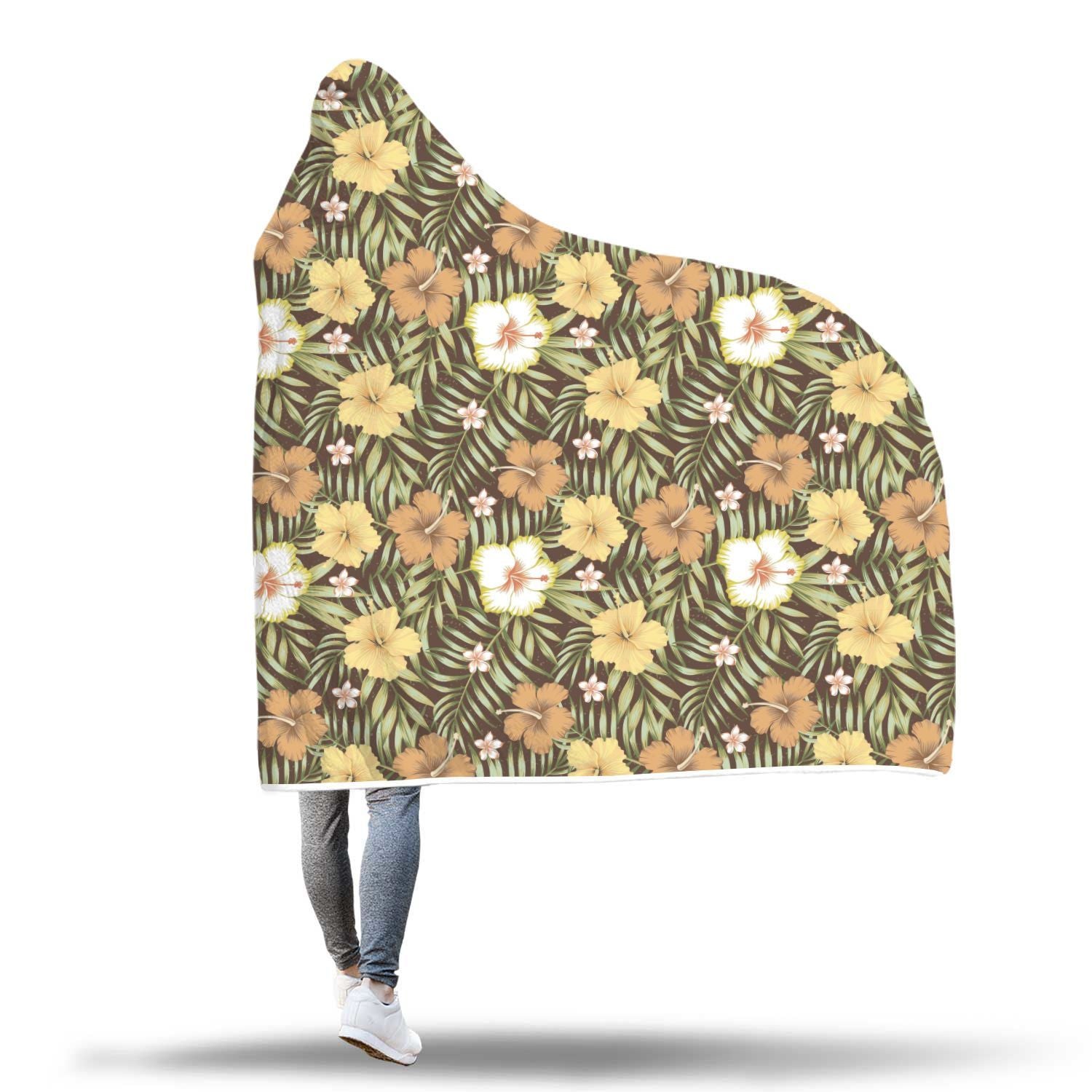 Vintage Hawaiian Floral Tropical Flower Hibiscus Palm Leaves Pattern Print Hooded Blanket-grizzshop