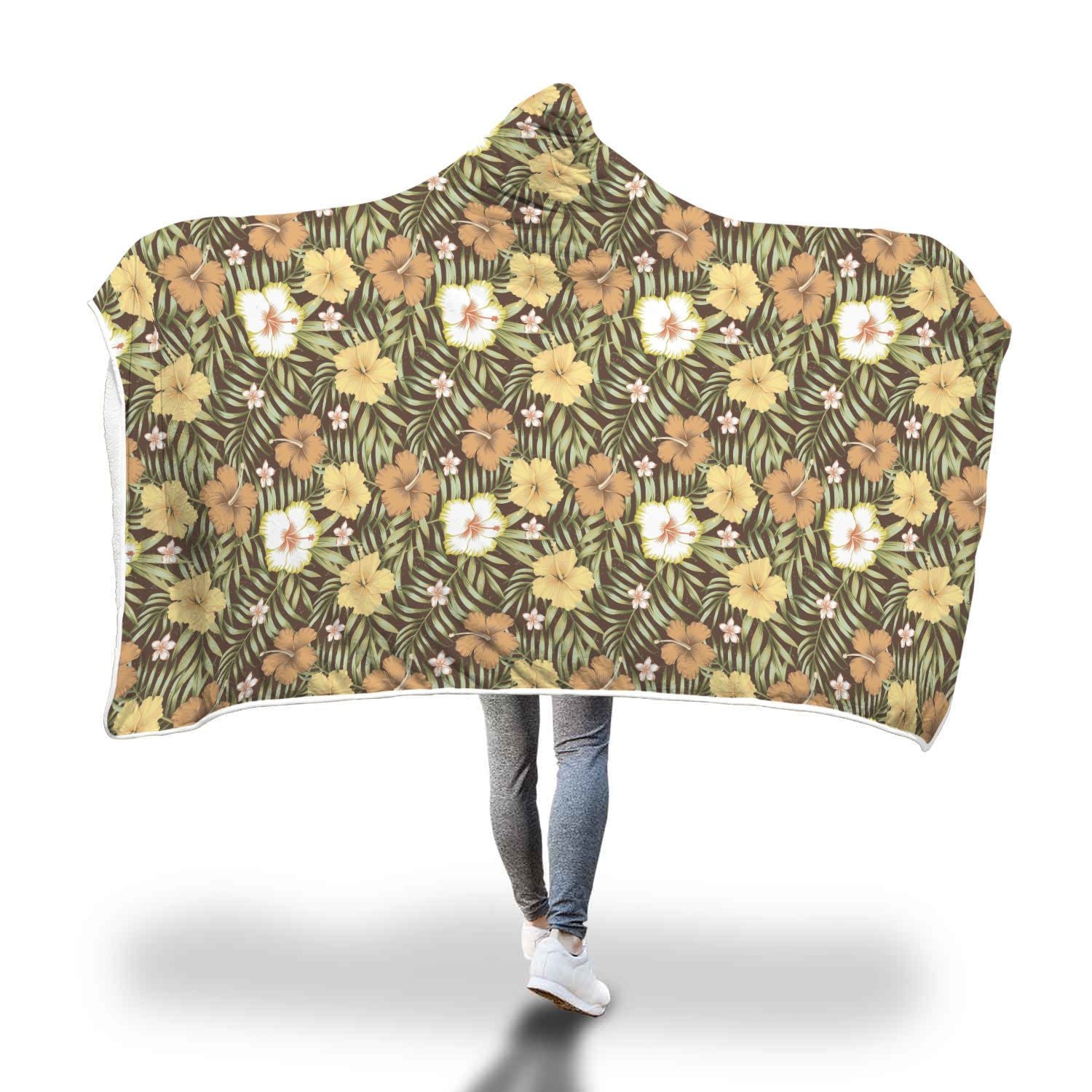 Vintage Hawaiian Floral Tropical Flower Hibiscus Palm Leaves Pattern Print Hooded Blanket-grizzshop