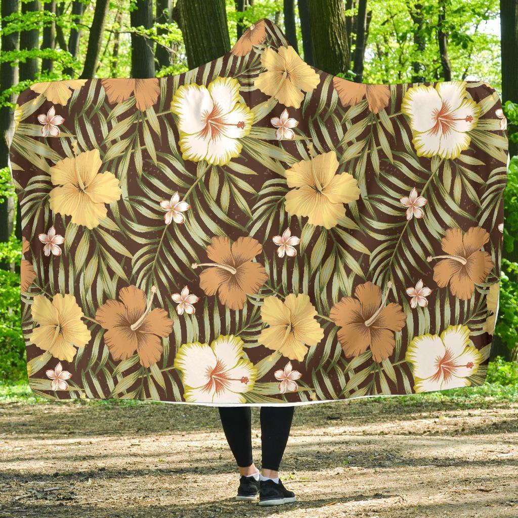 Vintage Hawaiian Floral Tropical Flower Hibiscus Palm Leaves Pattern Print Hooded Blanket-grizzshop