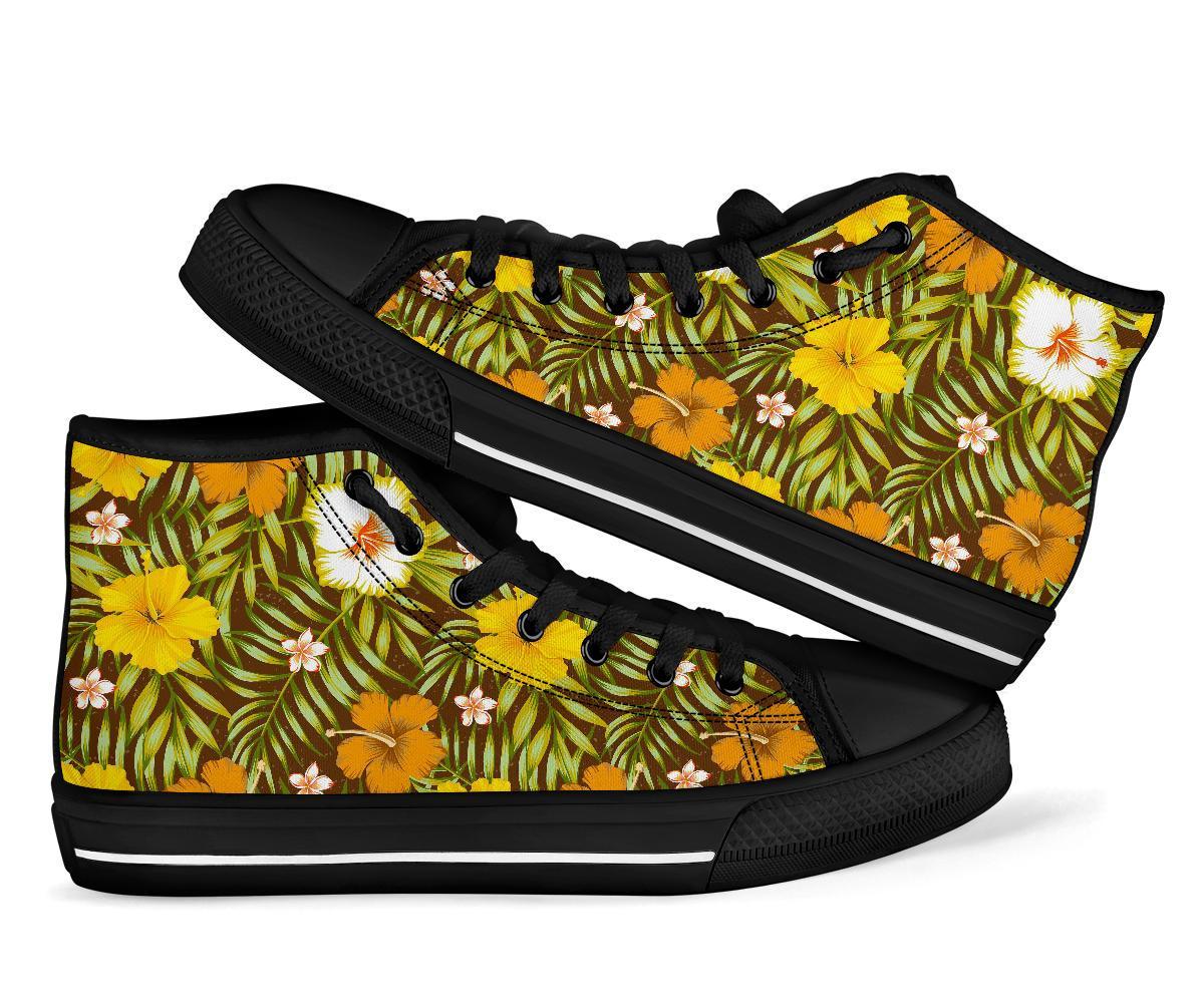 Vintage Hawaiian Floral Tropical Flower Hibiscus Palm Leaves Pattern Print Men Women's High Top Shoes-grizzshop