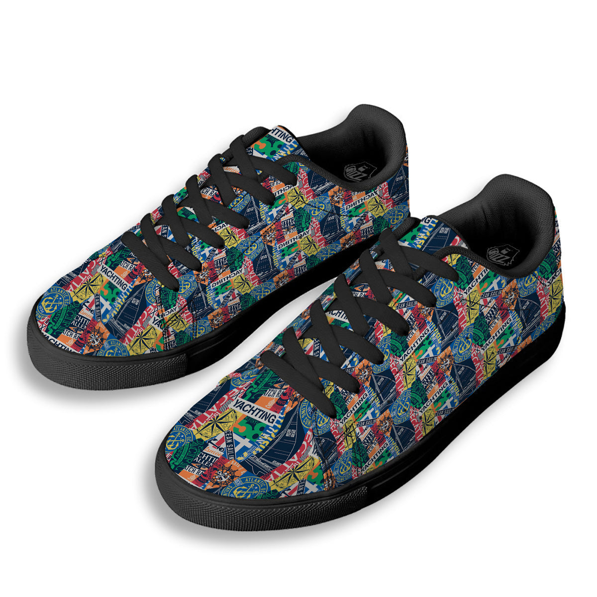 Vintage Nautical Style Colorful Print Pattern Black Low Top Sneakers-grizzshop