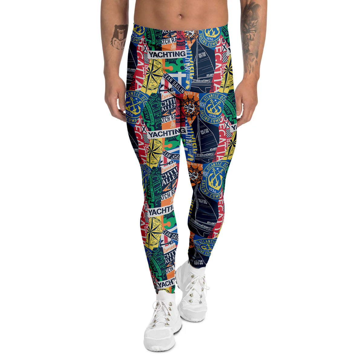 Vintage Nautical Style Colorful Print Pattern Men's Leggings-grizzshop