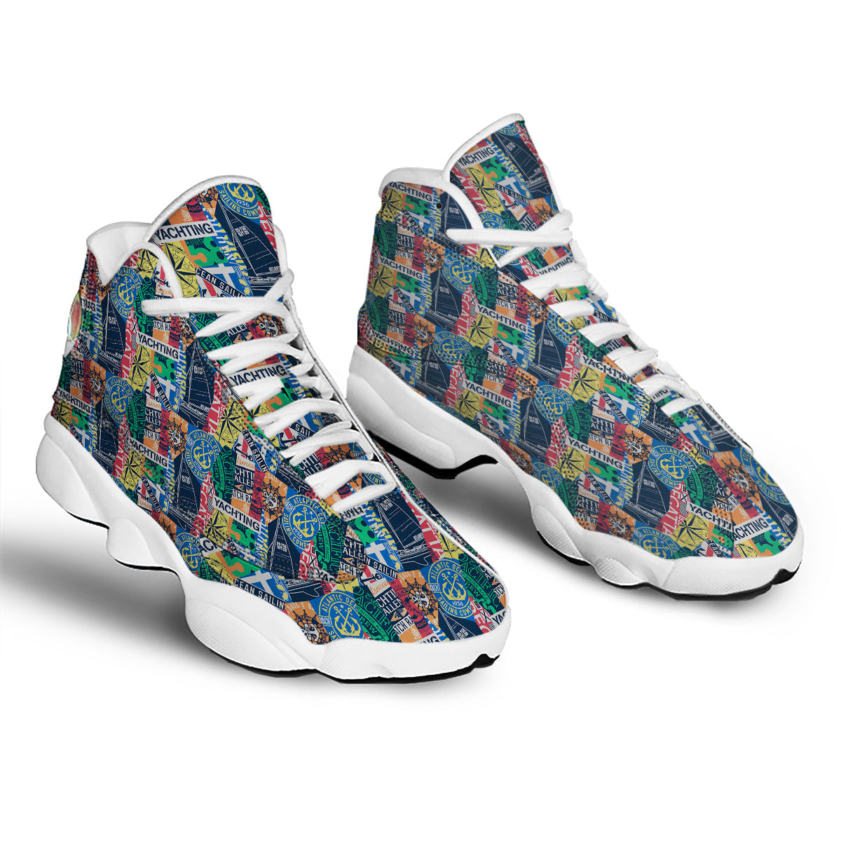 Vintage Nautical Style Colorful Print Pattern White Basketball Shoes-grizzshop
