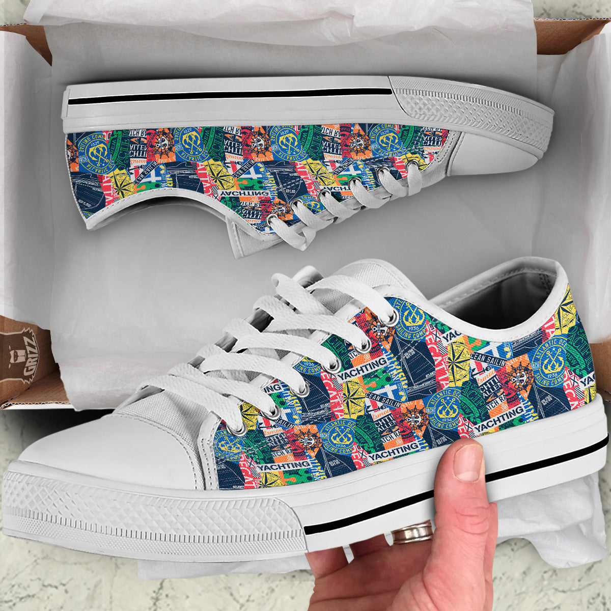 Vintage Nautical Style Colorful Print Pattern White Low Top Shoes-grizzshop