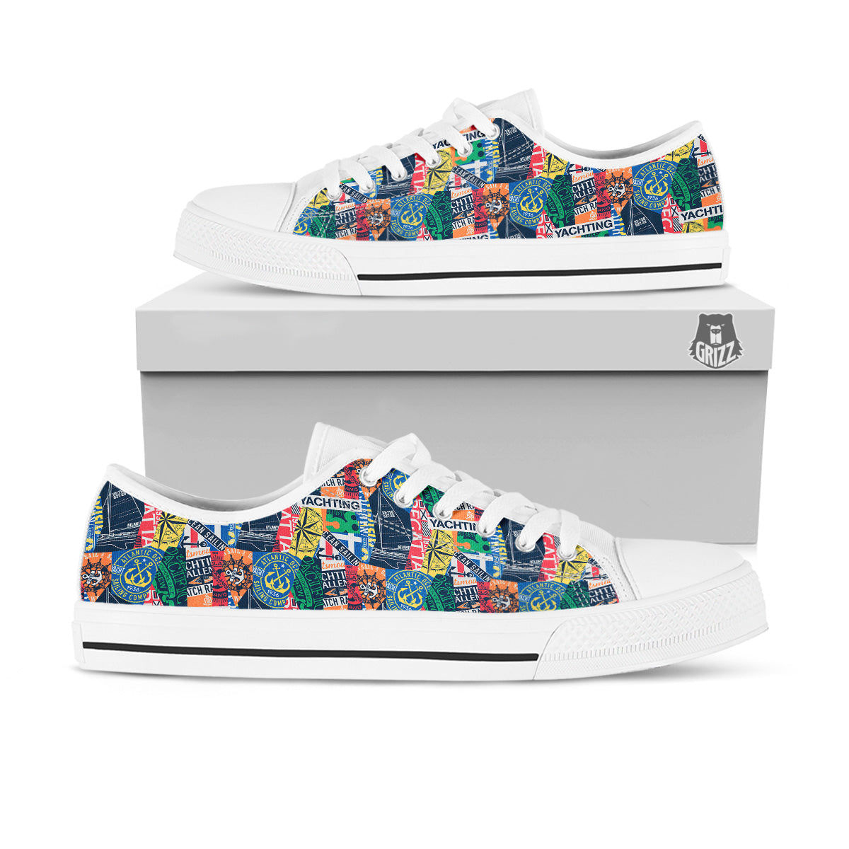 Vintage Nautical Style Colorful Print Pattern White Low Top Shoes-grizzshop