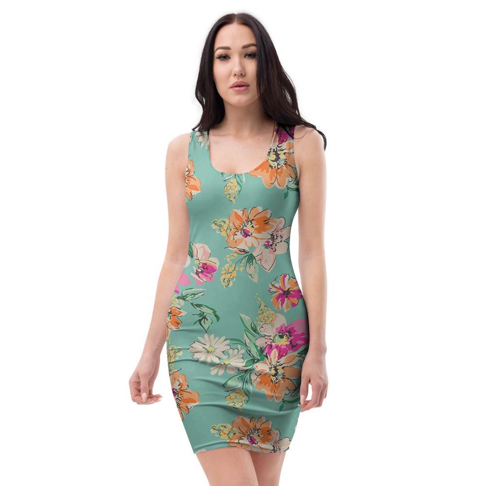 Vintage Pastel Floral Print Bodycon Dress-grizzshop